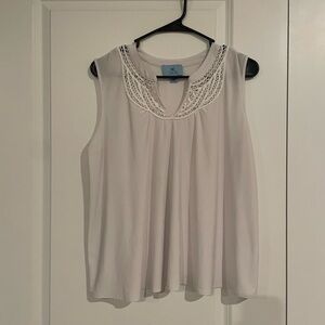♻️ 5/$8 Recycled CeCe White Sleeveless Blouse with Embroidered Neckline